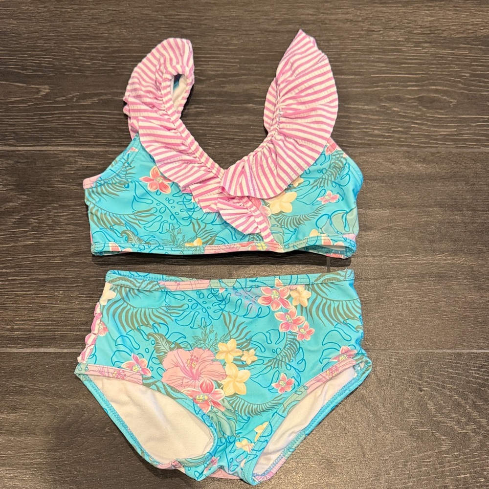 Ruffle Butts Tropical Floral Bikini - Blue and Pink